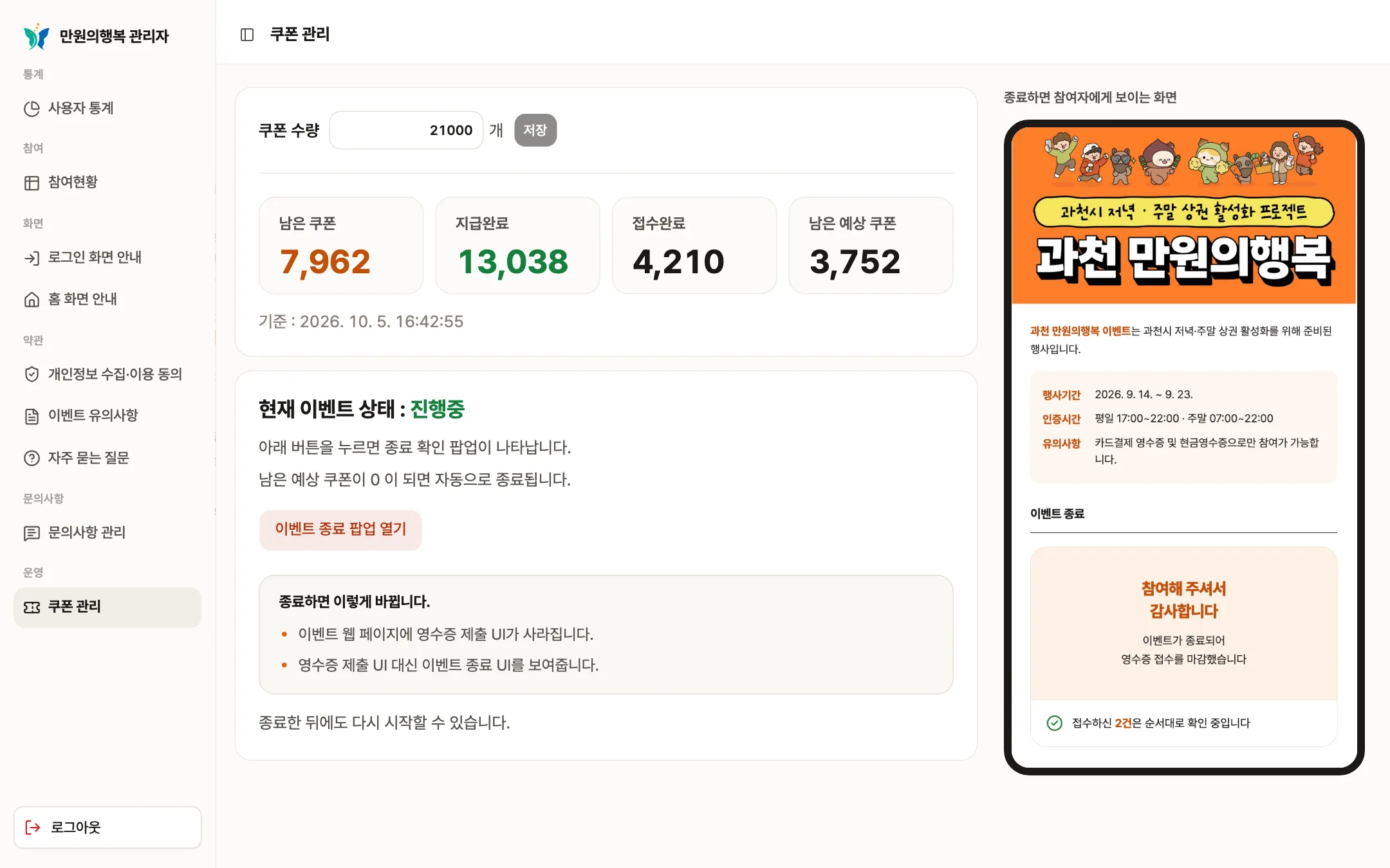 남은 쿠폰 수와 지급·접수 현황, 이벤트 종료 시 참여자 화면을 보여주는 쿠폰 관리 화면